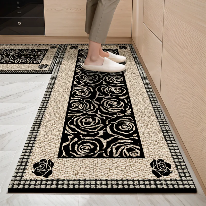 VIKAMA Simple Kitchen Floor Mat Laundry Room Dining Room Water Absorbing Corridor Easy to Clean Crystal Velvet Rug Home Decor