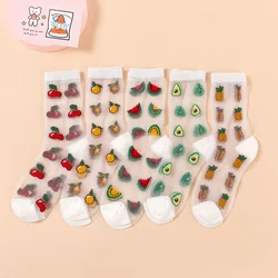 Korean Style Thin Transparent Funny Socks Women Fruit Avocado Watermelon Pineapple Creative Design Glass Skarpety Lace Sokken