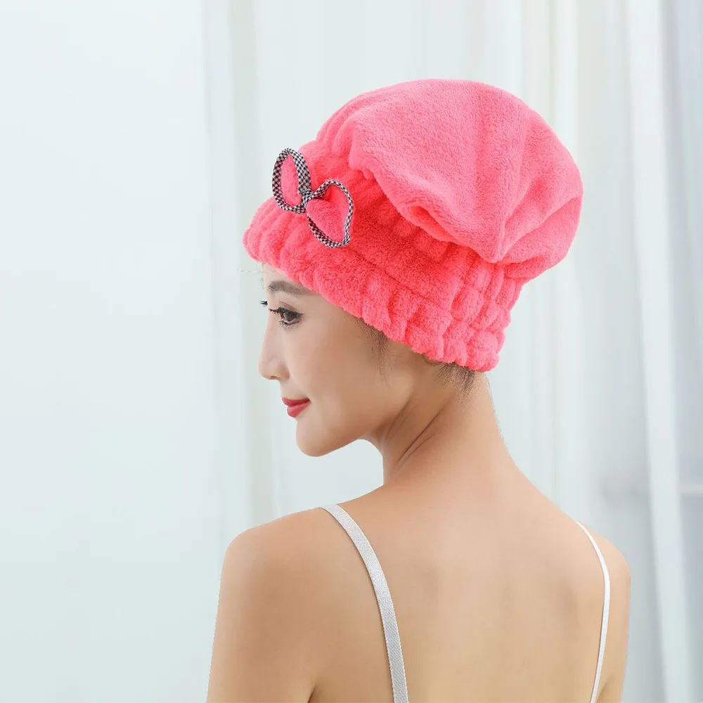 5 Color Coral Fleece Dry Hair Cap Absorbent And Easy To Dry Bow Shower Cap Bathroom Wipe Head Towel Cap Women\'s Sauna Decoration