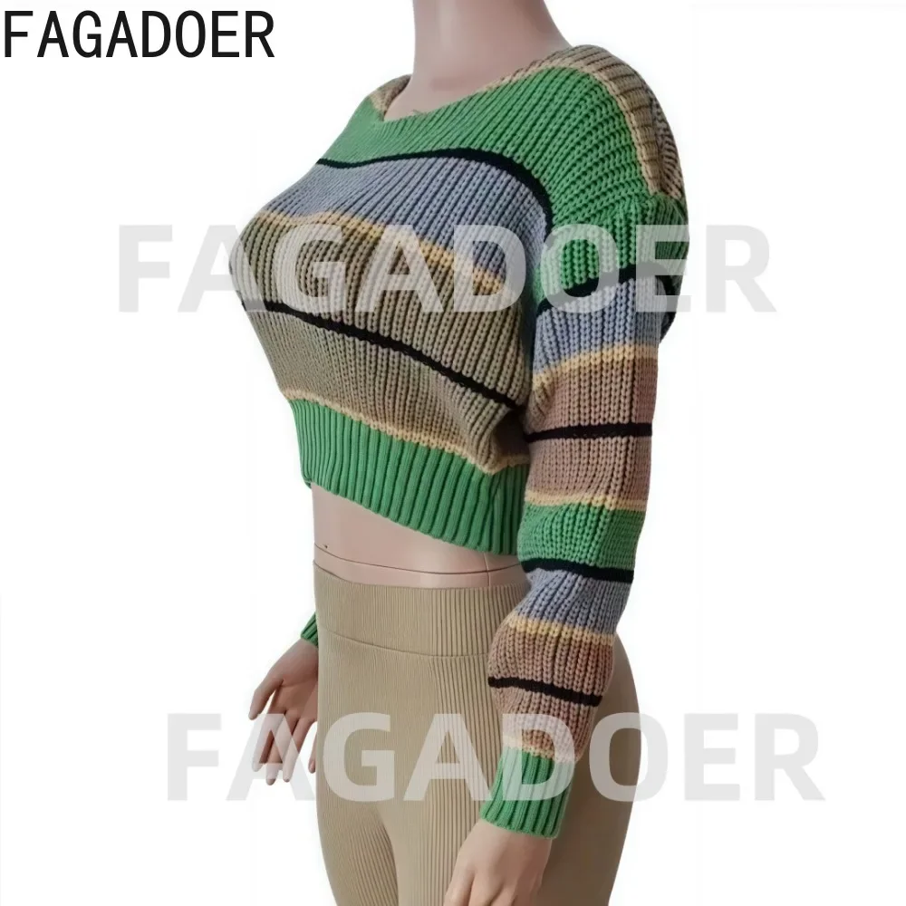 FAGADOER عادية 2 قطعة مجموعات ملابس النساء كتلة اللون شريط المرقعة المحاصيل الأعلى + بناطيل ضيقة الدعاوى الإناث الشارع الشهير رياضية