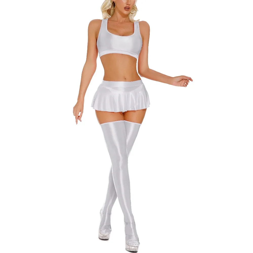 Women Glossy Vests Mini Skirts with Thigh High Stockings Glossy Ultra-thin Mini Dance Costumes Spicy Girl Crop Tops Lingerie Set