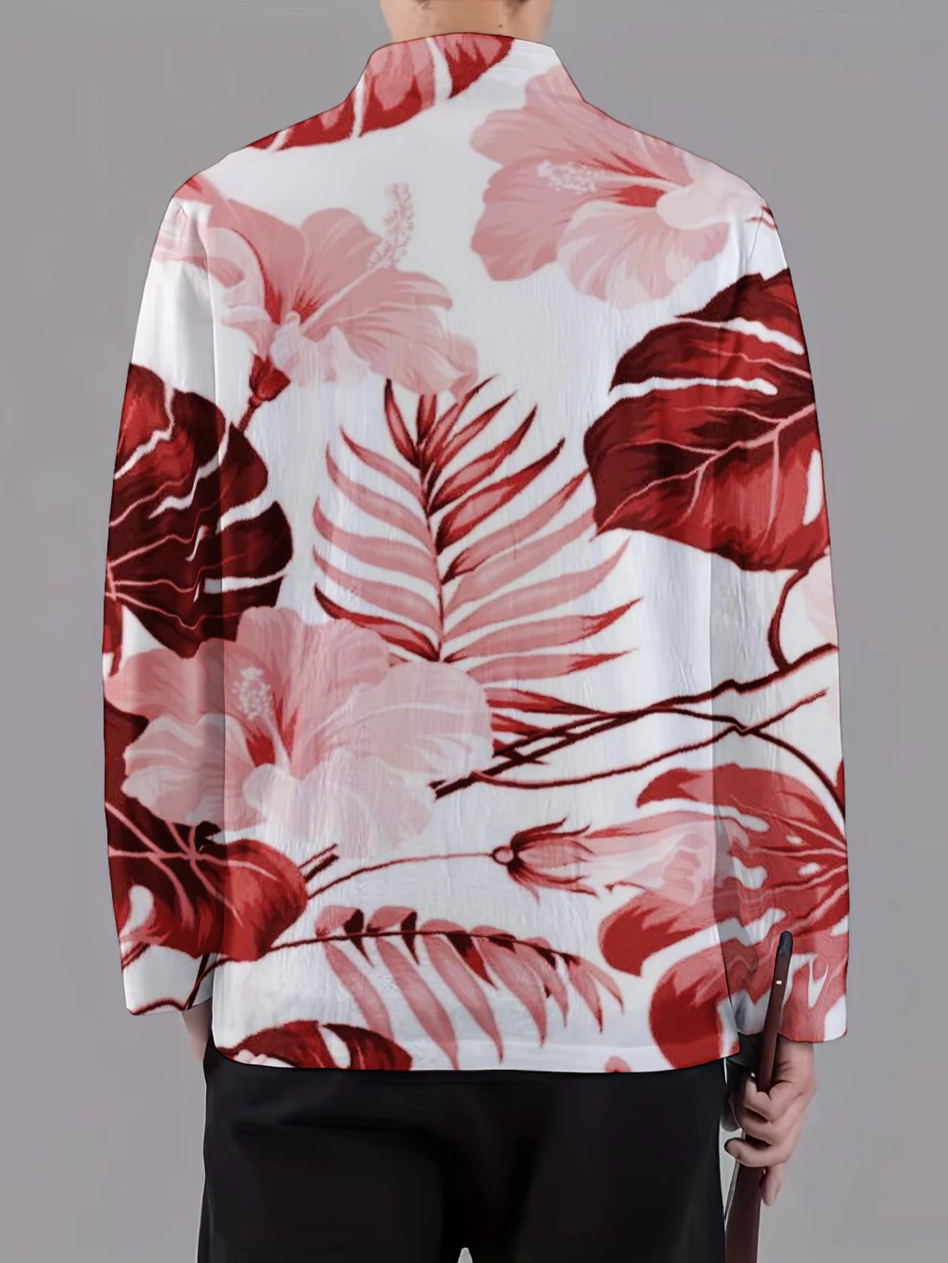 Men Mandarin Collar Frog Button Jacket Floral Beast Art Print Traditional Outerwear