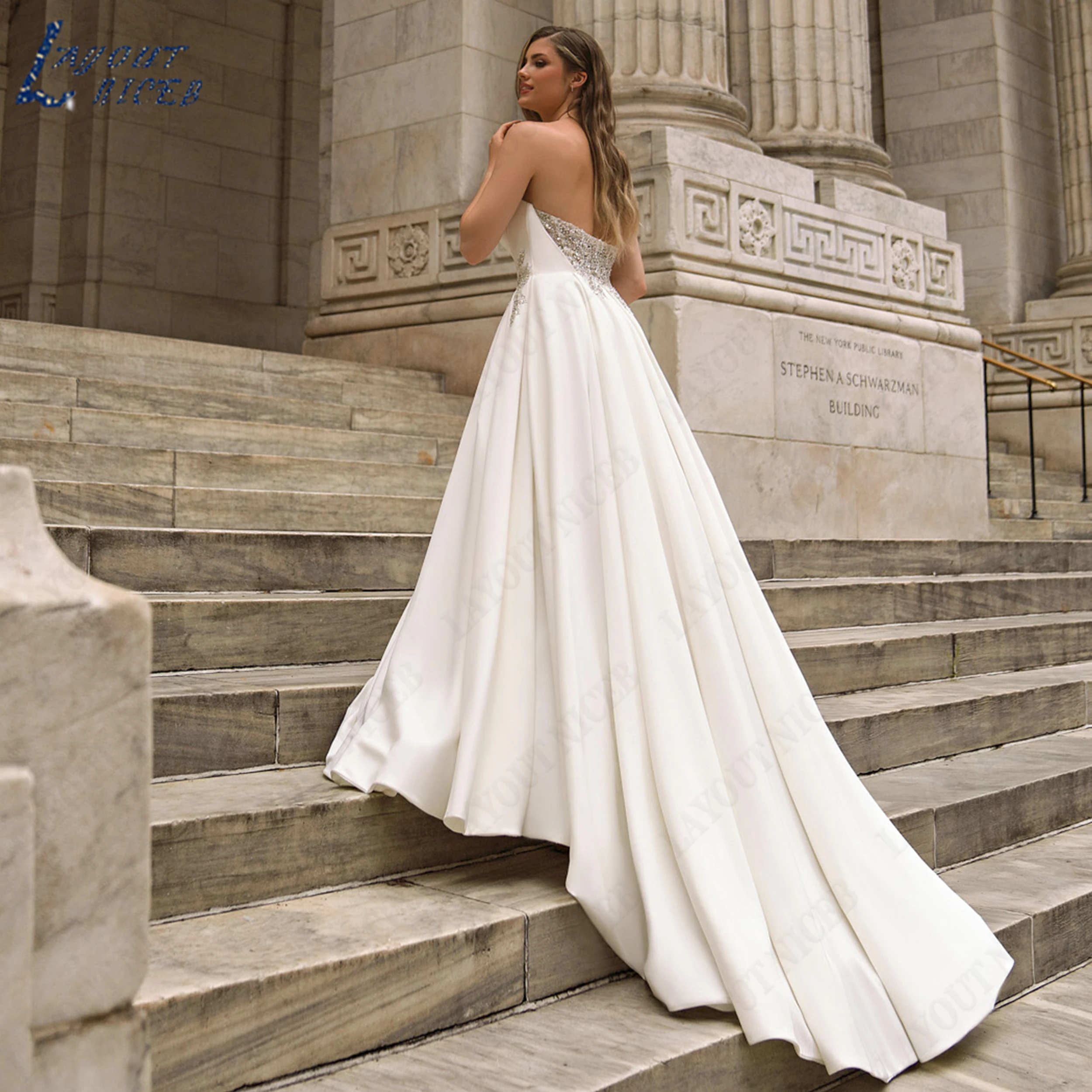 LAYOUT NICEB Elegant Strapless Satin Wedding Gown Sequin Crystal Bridal Dress A-Line Sleeveless Bride Dresses Customized