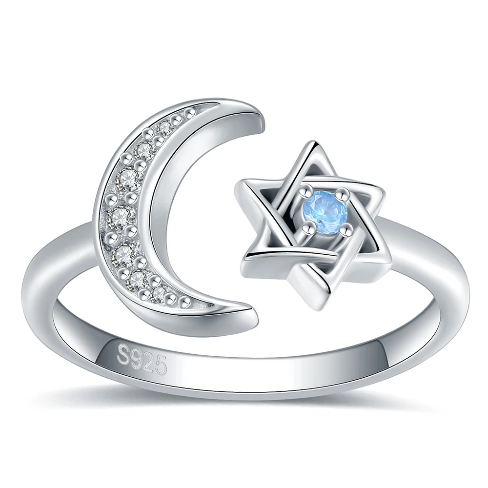 

925 Sterling Silver Jewish Star Of David Moon Adjustable Rings Birthday Christmas Jewelry Gifts for Women Teen Girls Friends