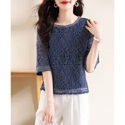 New Women's 2024 Summer Color Block O-Neck Pullovers Casual Versatile Fashion Loose Simplicity Commuter Short Sleeve Chiffon Top