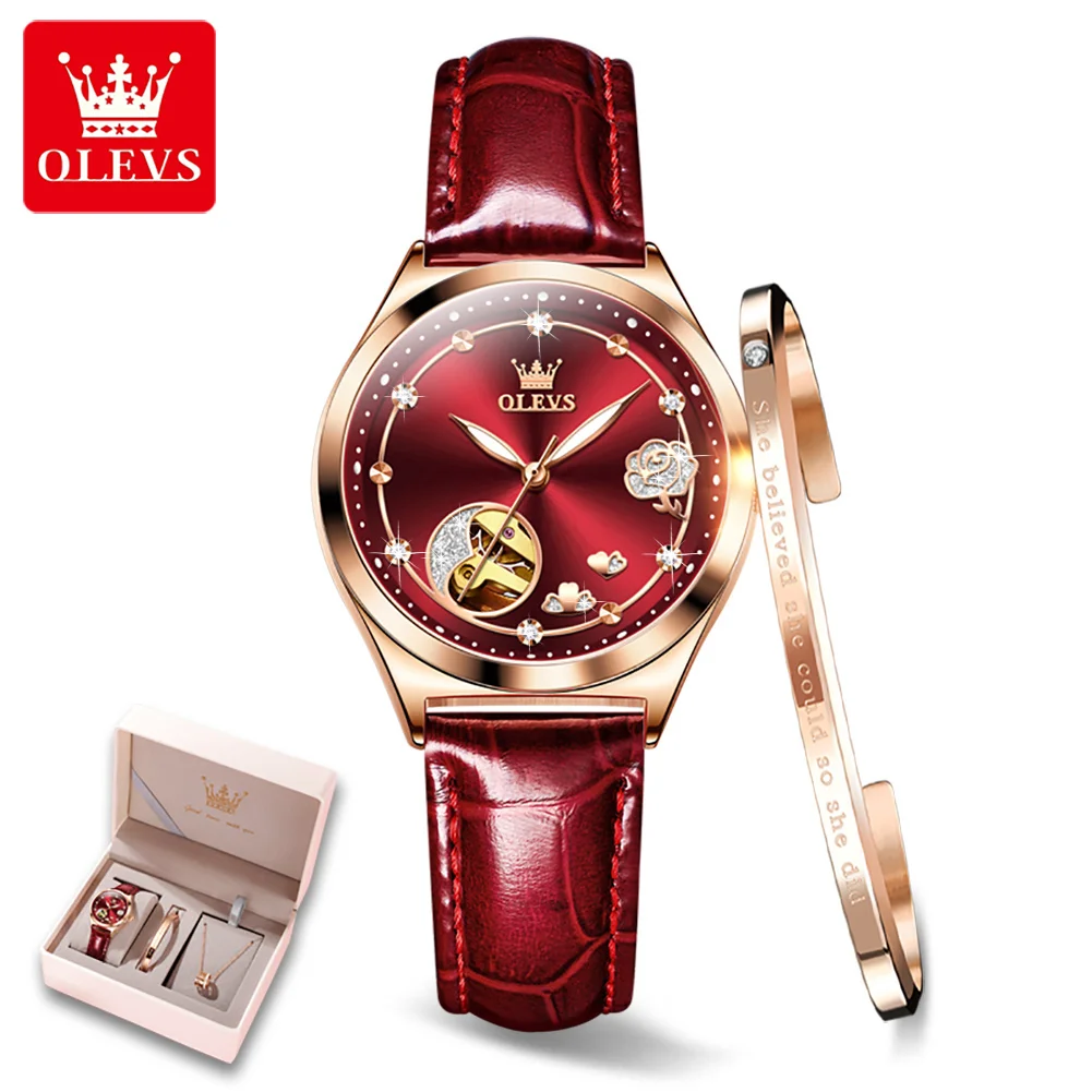 OLEVS Fashion Women Mechanical Watches Bracelets and Necklaces Set Leather Strap Luxury Hollow Ladies WristWatches Reloj Mujer