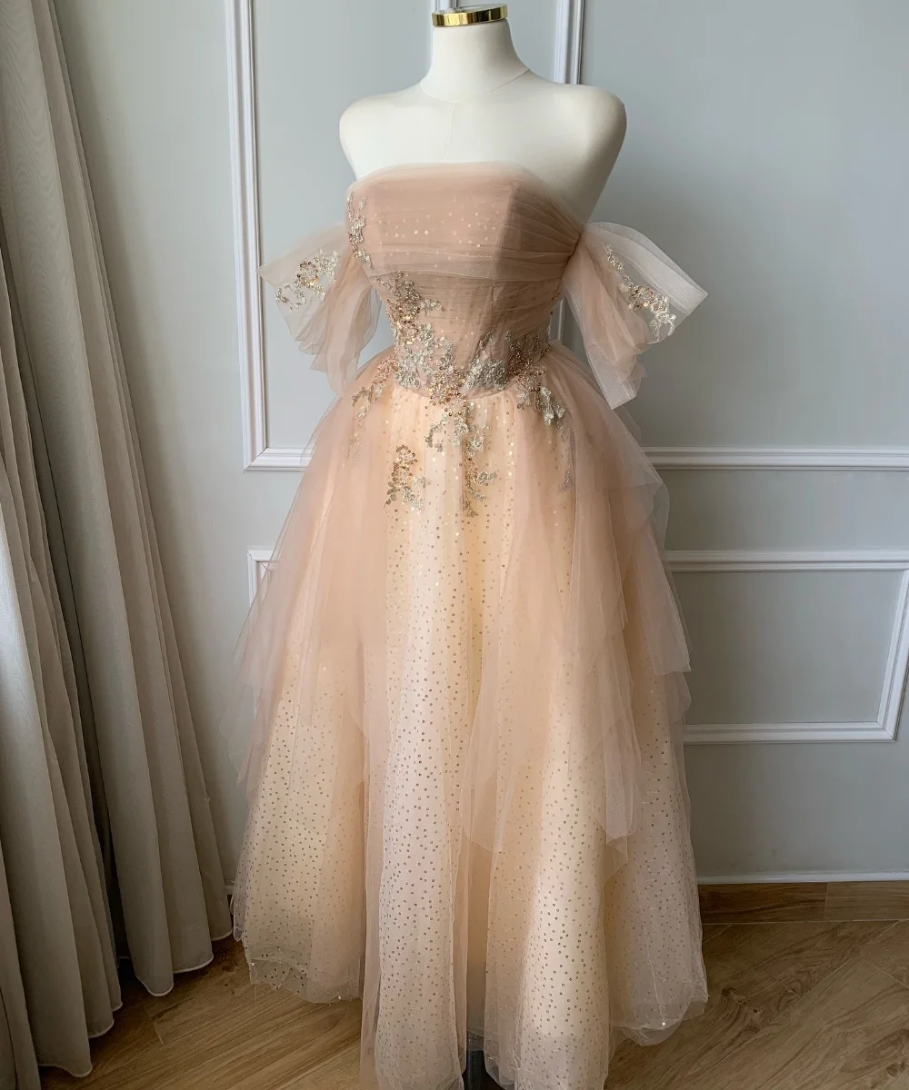 

Customized Exquisite Net Sequined Pleat A-line Strapless Midi Dresses Bespoke Occasion Elegant