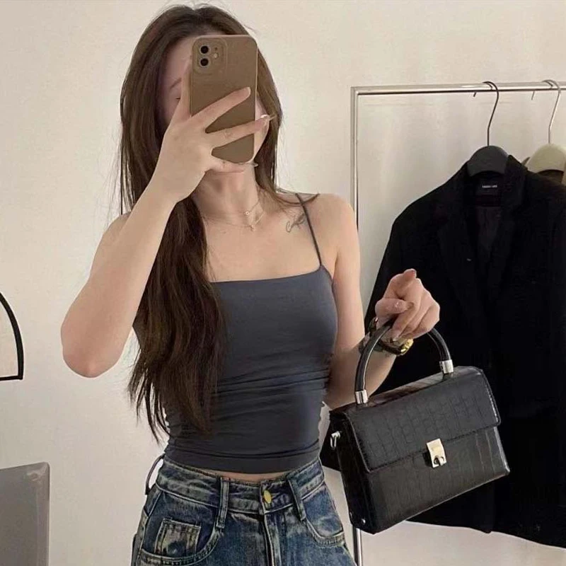 

1pcs Tank Top Summer Women's Solid Color Spaghetti Strap Pleated Slim Camisole With Chest Pad
