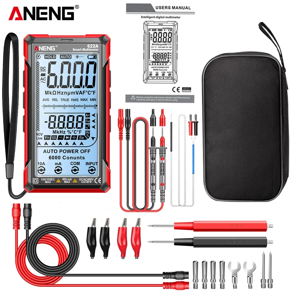 ANENG 622A Laser na podczerwień 6000 zliczeń Multimetr Duży tester ekranu LCD Multitester z lampą laserową Multimetry pojemności Ohm