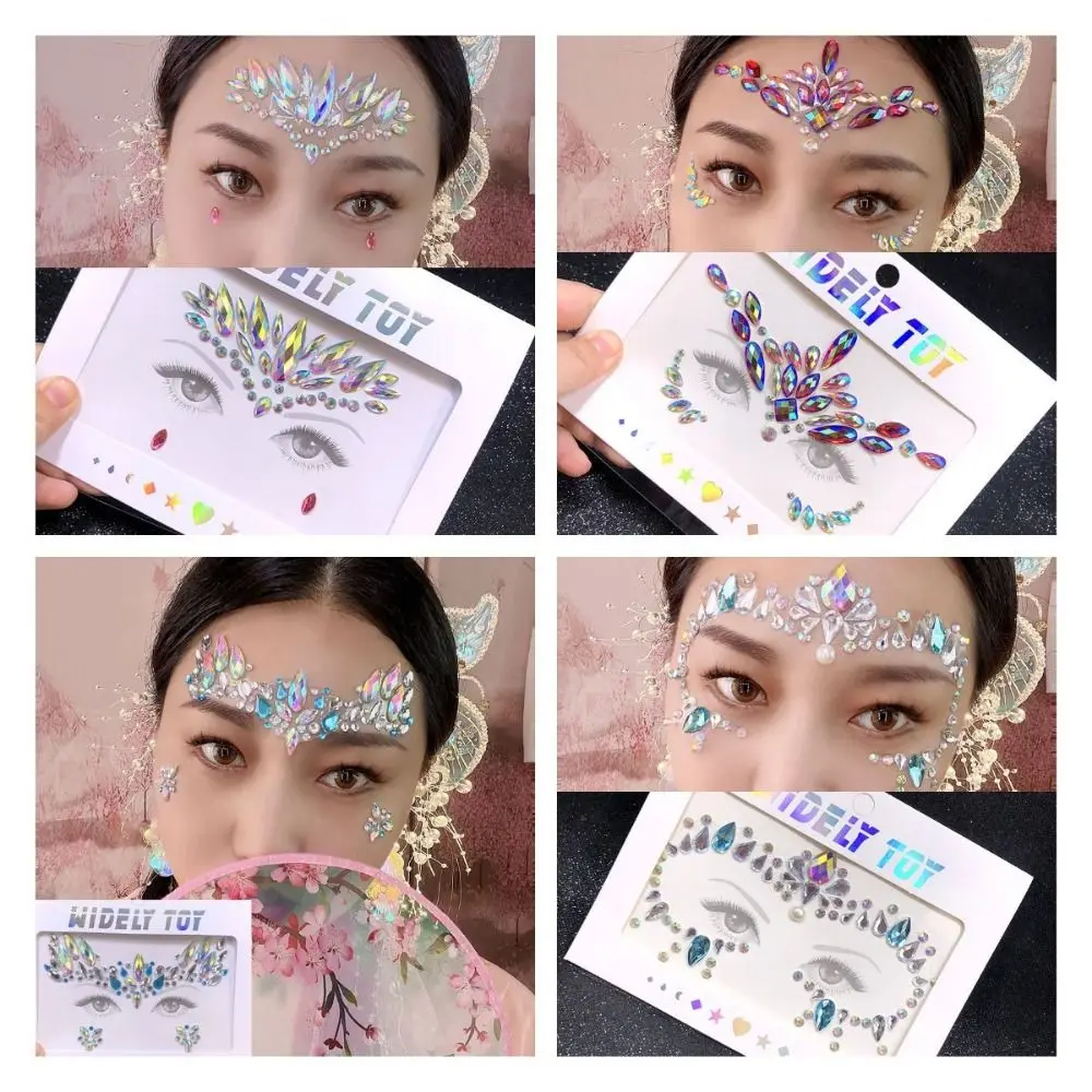 Waterproof 3D Rhinestones Sticker Fake Tattoo Disposable Crystal Facials Sticker Colorful Beauty Temporary Tattoo Sticker