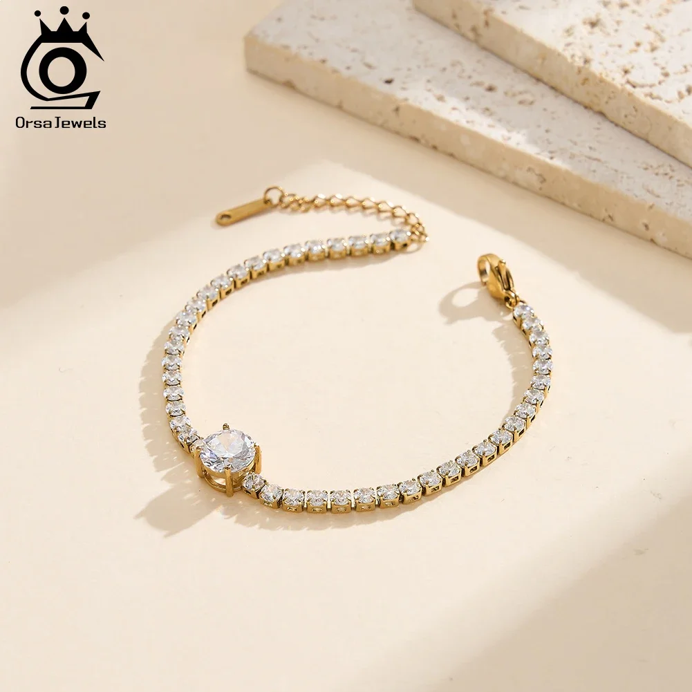 

ORSA JEWELS Stainless Steel Shiny Tennis Bracelet for Women Brilliant Round Cubic Zirconia Chain Bracelet Wedding Party STKB10