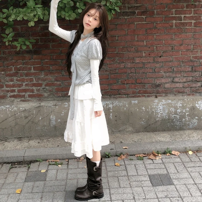 Korean Chic Fashion 2026 Autumn Polka Dot Stripe Short Sleeve  Color Long Sleeve Scarf Three Piece Set Women's Ensemble