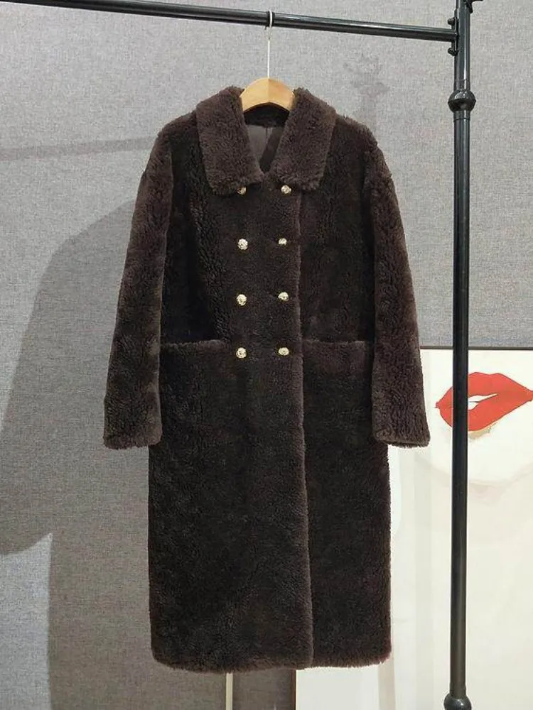 Cappotto da donna Moda 100% lana Giacca lunga Doppio petto Vestibilità ampia Casual Office Lady Inverno Caldo risvolto Tosatura delle pecore Soprabito