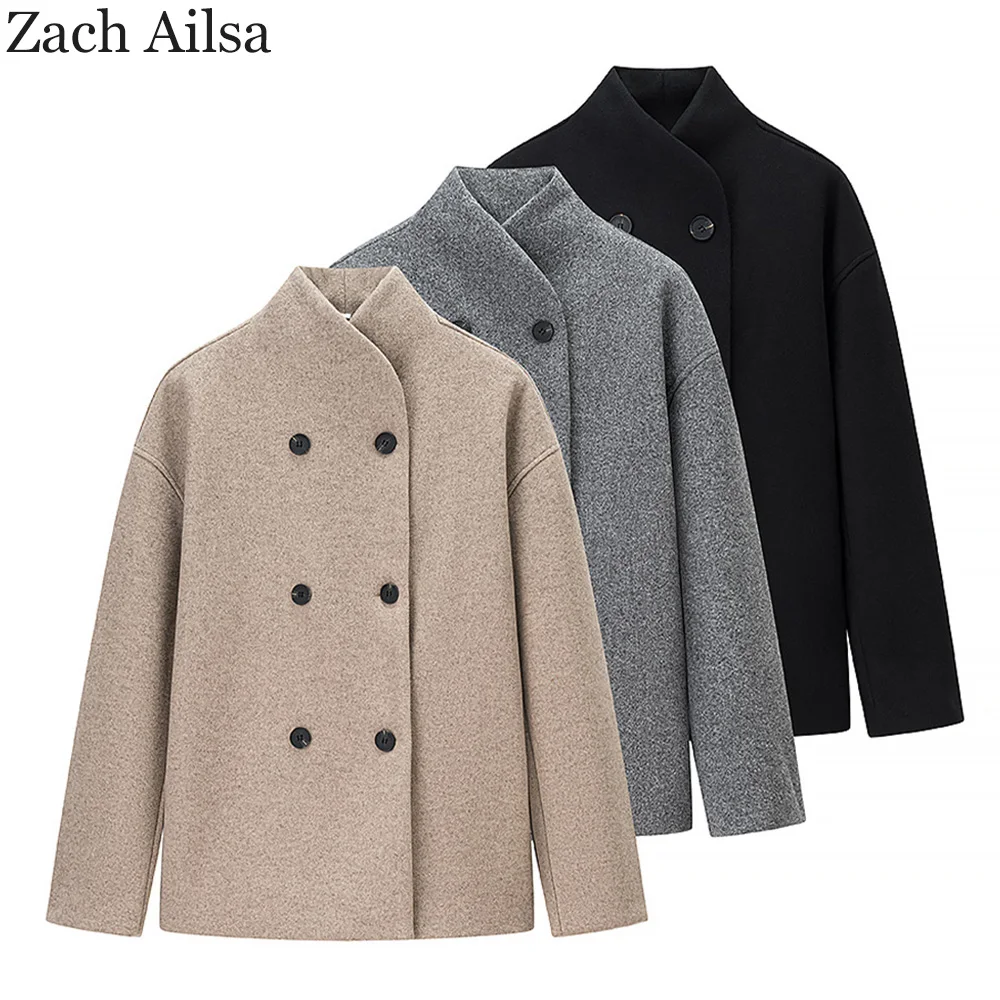 

Autumn new women's clothing Korean style minimalist style stand up collar long sleeved loose double breasted short woolen coat j