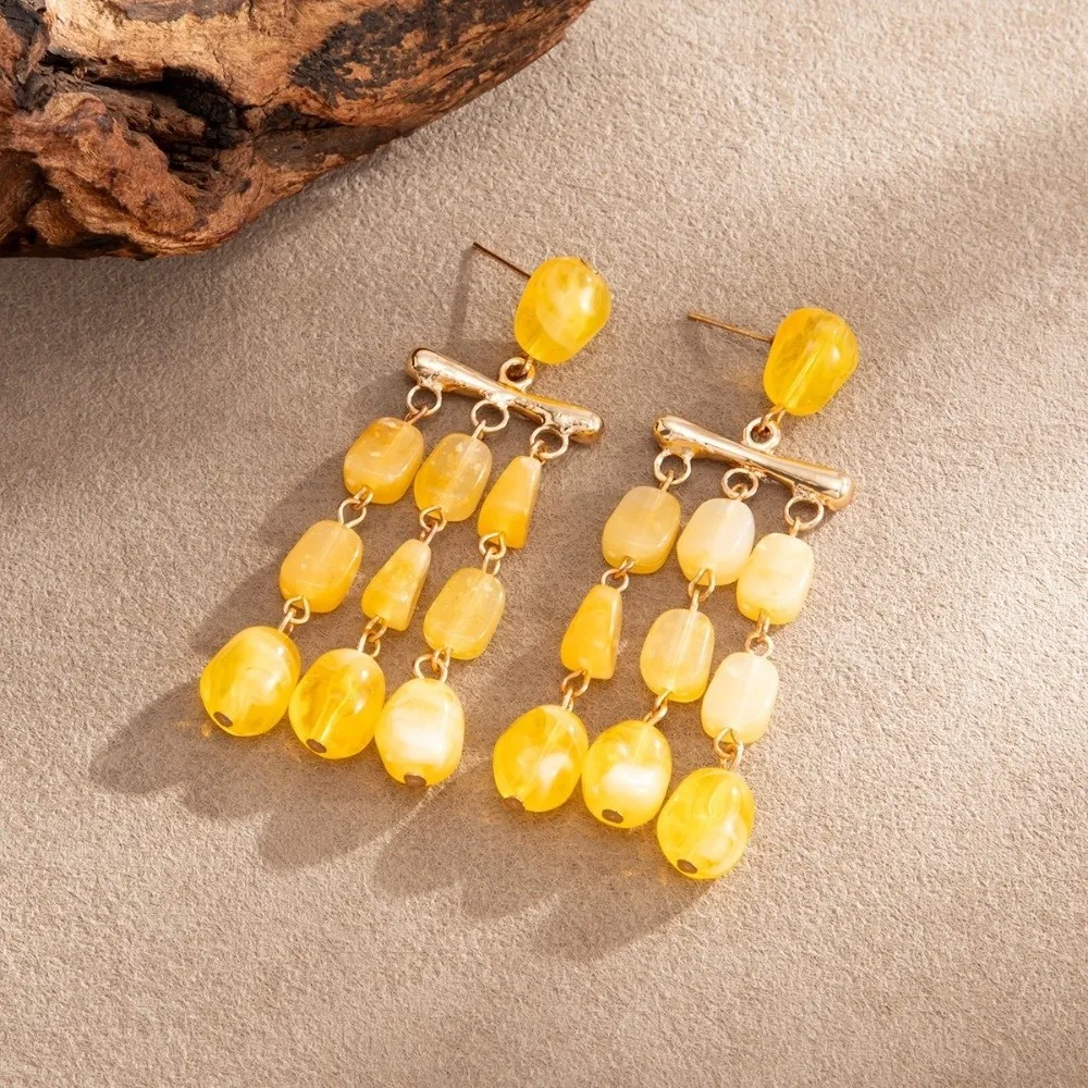 Vintage Resin Bead Dangle Earrings Yellow Multi-Layer Bead Drop Earrings Layered Ornate Geometric Earrings Beach Party