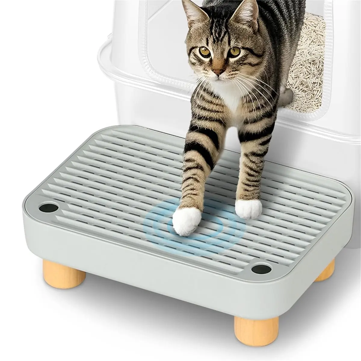 ABZT Litter Box Step, Litter Box Ramp/Catcher with Wooden Base, Anti-Tracking & Easy to Clean, Ideal for Small & Elderly Cats