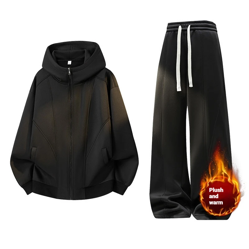 

2025 Spring Autumn Men Heavyweight Cardigan Sweatshirt Double Zipper Hooded Jacket American Retro Casual Sports Coat