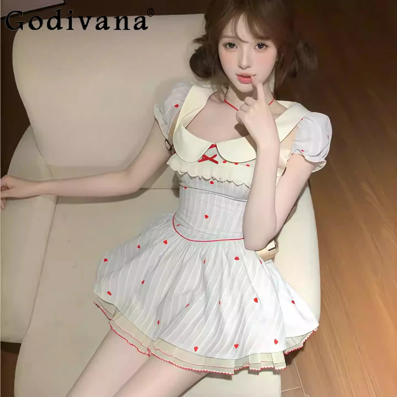 

Spring Autumn Large Size French Sweet Printed Princess Dresses Fashion Girl Versatile High Waist Peter Pan Collar Japanese Dress