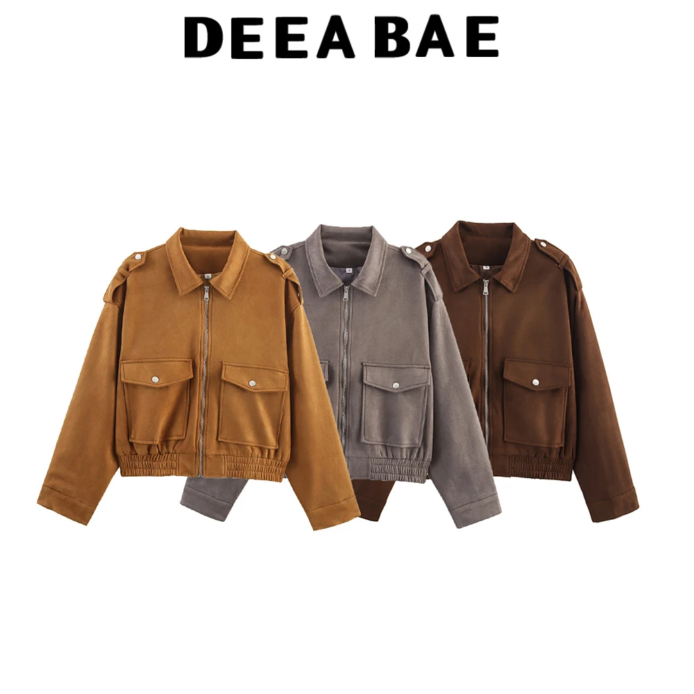 

DEEABAE осенняя новая женская одежда, французская свободная молния с лацканами и длинными рукавами, замшевая текстура, короткая куртка, куртка