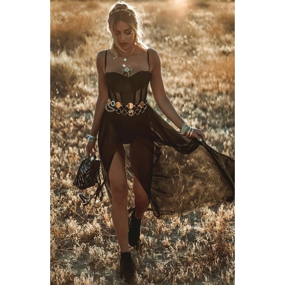 Vestido sexy transparente para señora, para fiestas de playa y verano, de estilo bohemio clásico, largo y ceñido con tirantes finos tipo espagueti y cintura elástica