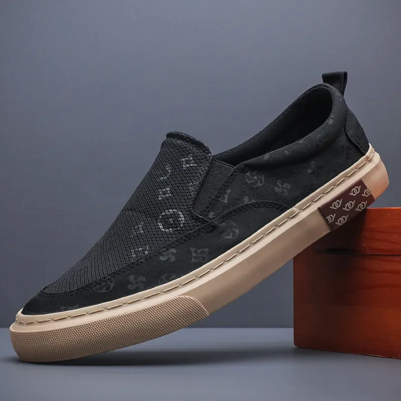 Men Canvas Business Shoes Fashion Vulcanized Mesh Lace-up Sneakers Tenis Slip-On Board Footwear for Male Khaki Gray Black