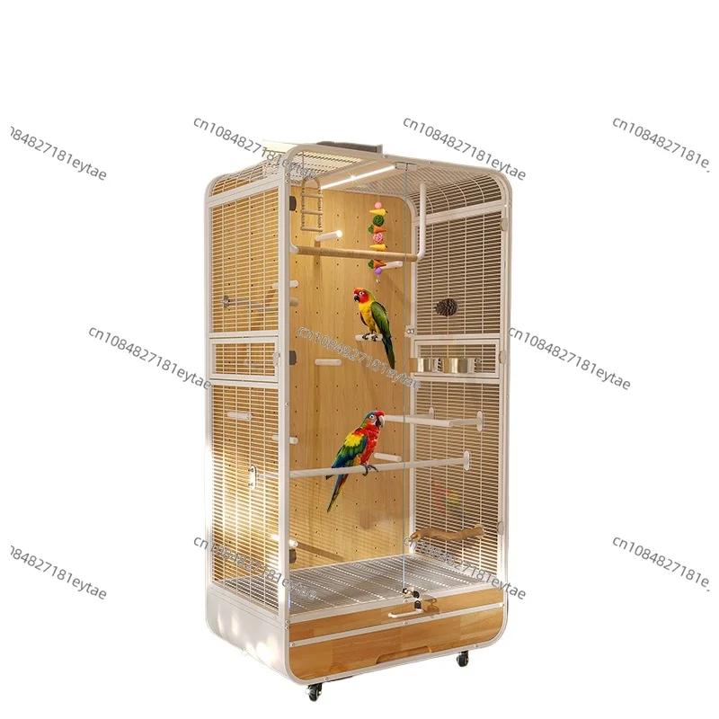 

Вилла-клетка для птиц: большая, для крупных попугаев, с просторным пространством, передвижная, из массива дерева и кованого железа, панорамная, серая, машинная сборка.