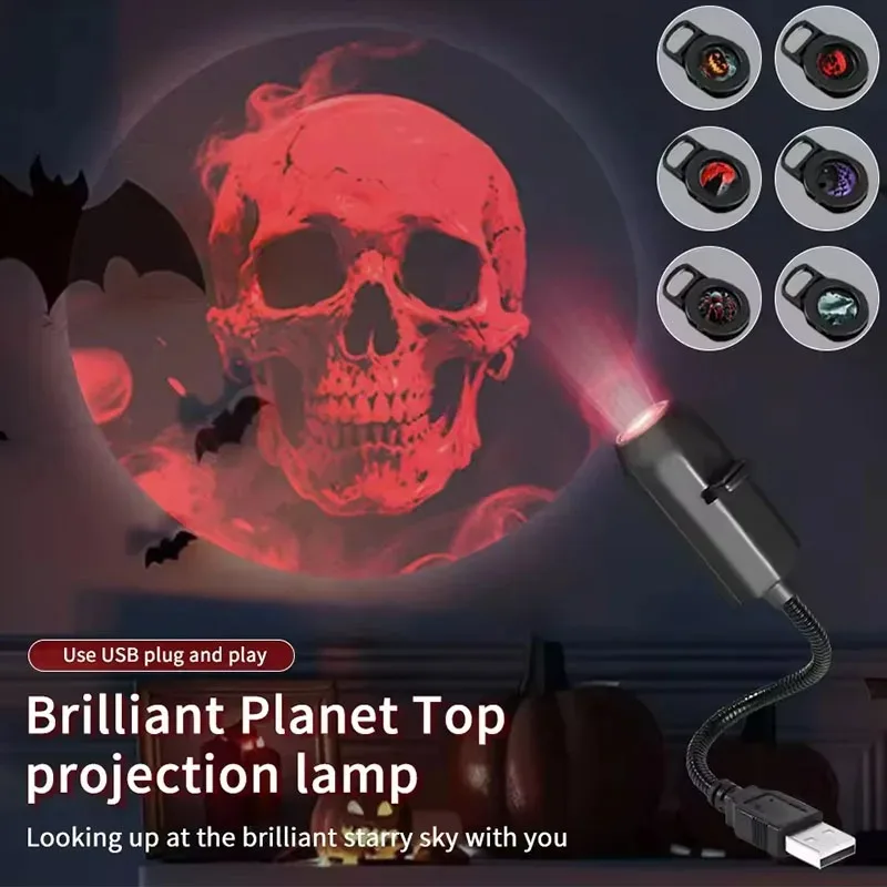 Halloween Portable USB Projection Light Holiday Horror Themed Decor Night Light Multiple Projection Patterns for Holiday Parties