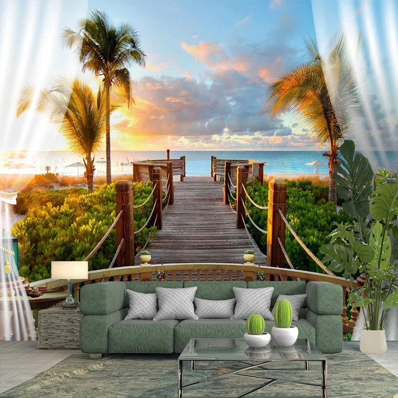 1PC Beach Path Sunset View Art Print Backdrop Banner, Bedroom Living Room Photo Background, Polyester, Home Decor, Wall Art