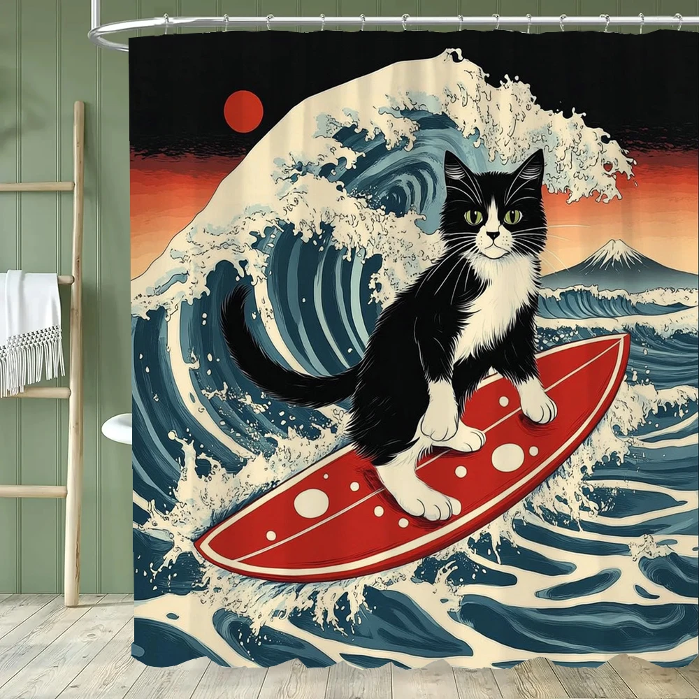 1 piece Cartoon Cat Shower Curtain, Cute Cat and Dog Bathroom Decorative Curtain, Home Printed Polyester Curtain with Hooks