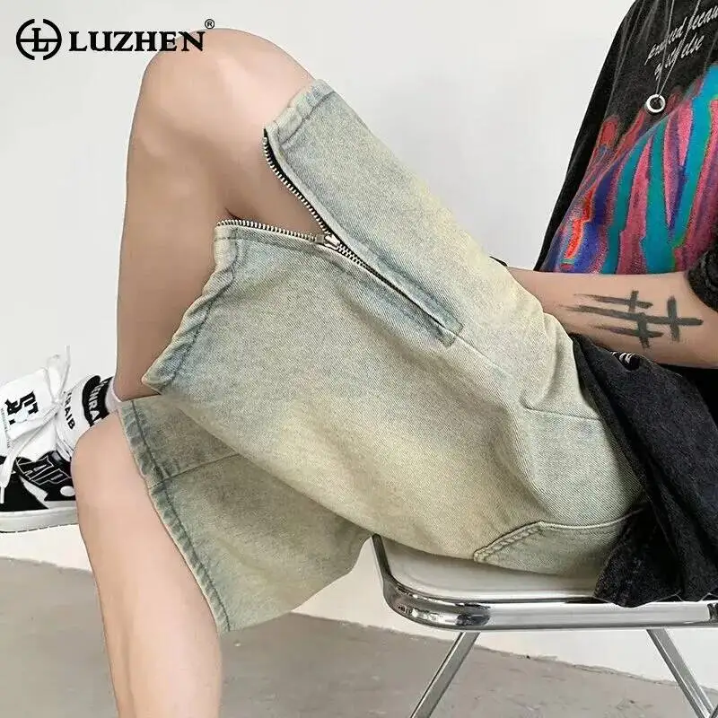 LUZHEN 2026 New Trendy Zipper Split Leg Straight Tube Denim Shorts Men Handsome Vintage Wornout Casual Five-pointed Jeans JY8117