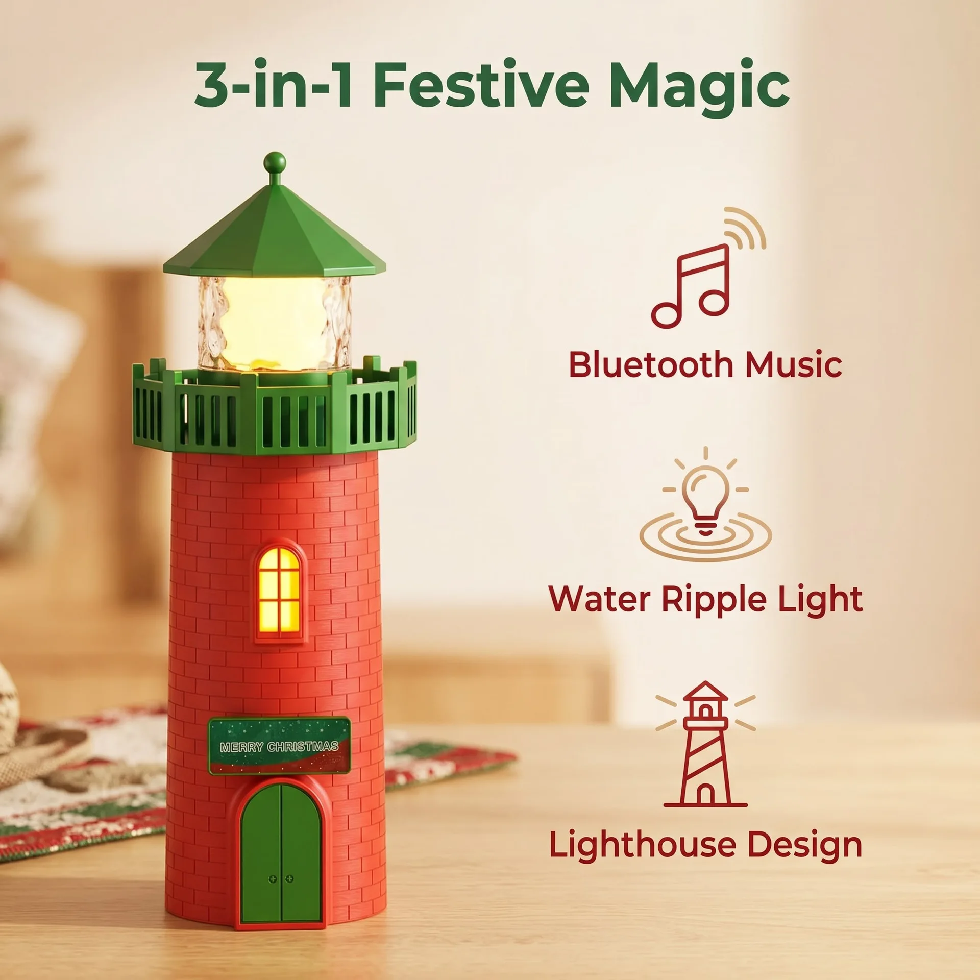 Lighthouse Projector Light 3 Modes Water Ripple Night Light Bluetooth Speaker Bedroom Ambient Table Lamp Creative Christmas Gift