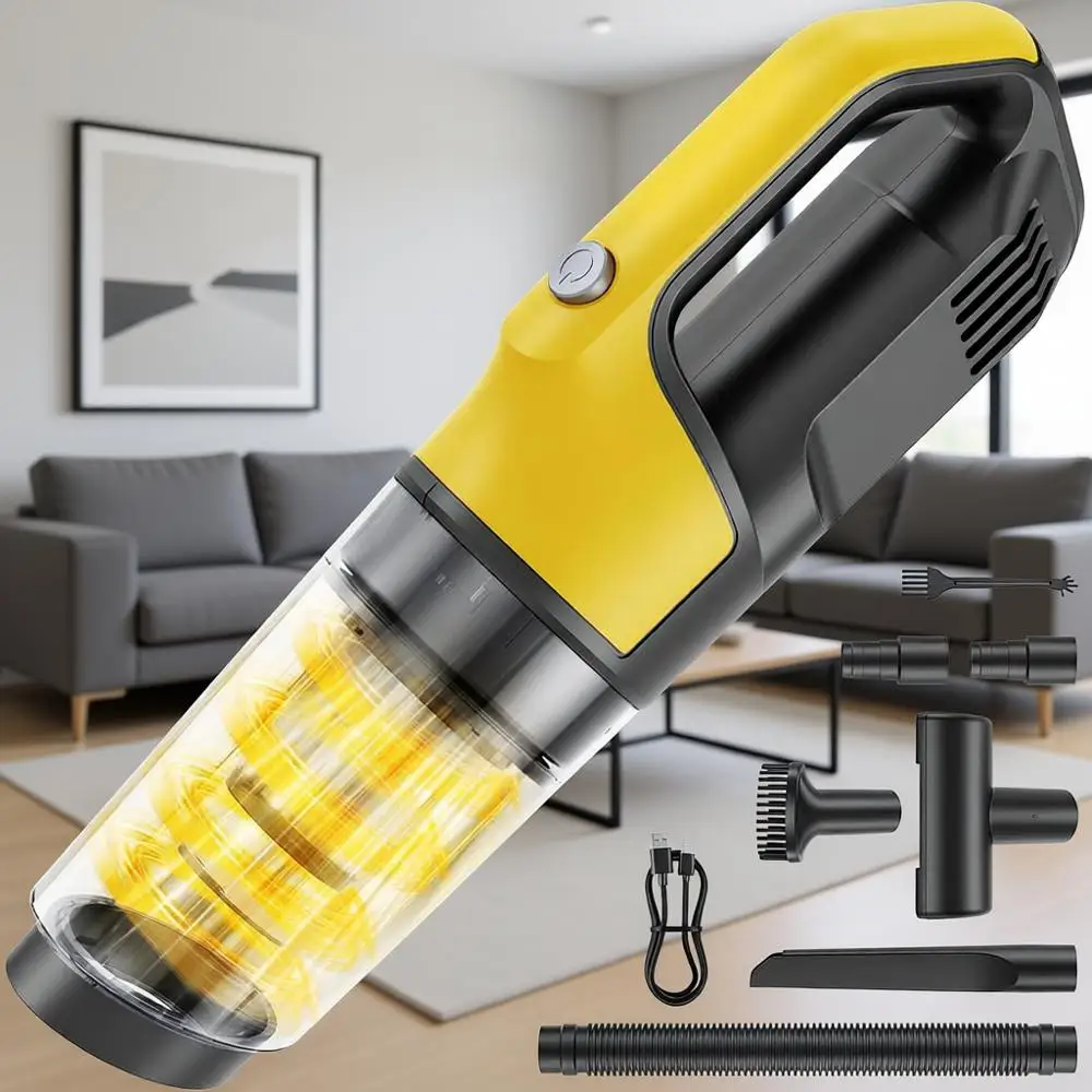 

Ручной пылесос 4-в-1, 10000 Па, перезаряжаемый, с HEPA-фильтром, большой емкостью для сбора пыли, для автомобиля, дома, шерсти животных (желтый)