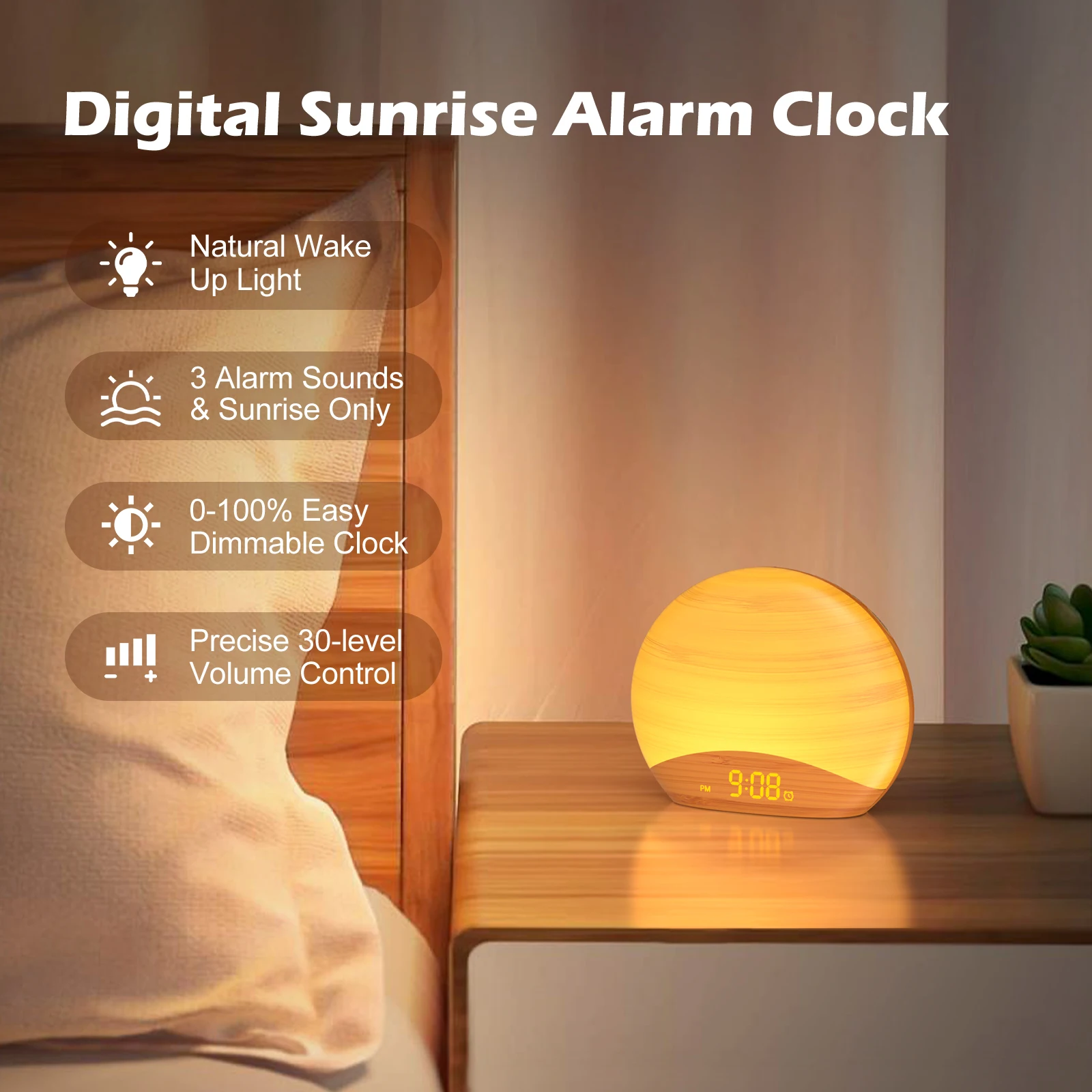 LED Sunrise Alarm Clock, Wake up Light, All Wood Grain, 0-100% Dimming, Digital Clock, 26 Soothing Sound, Sleep White Noise, 8 C