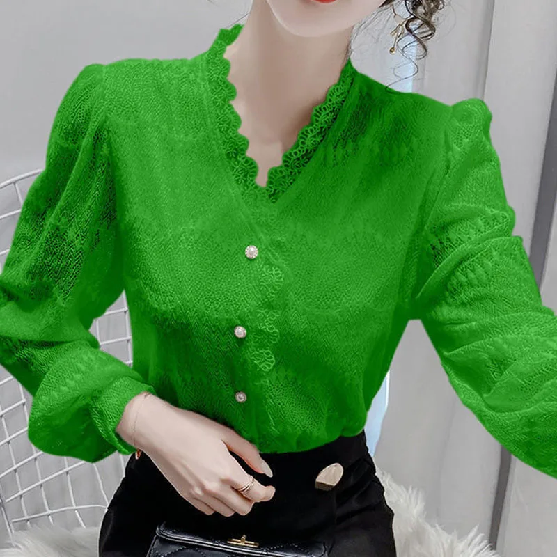 Bright Colors Spring Summer V-Neck Lace Single Breasted Puff Sleeve Women Shirt Hollow Out Thin Fashionable Multiple Colors Slim