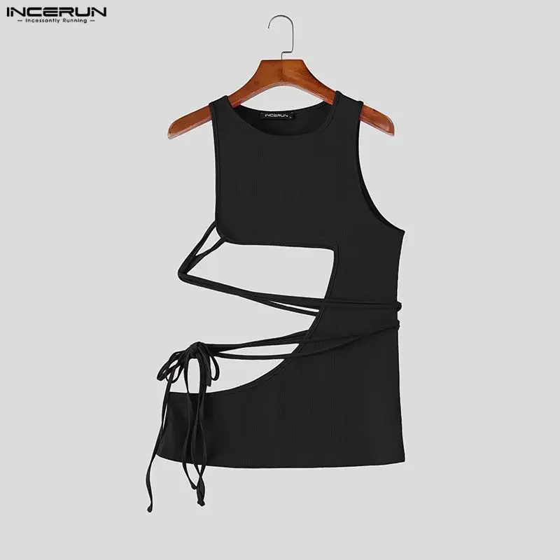 INCERUN Men's Irregular Tank Tops Solid Color Sleeveless Hollow Out Male Vests Summer Lace Up Sexy Fashion Men Clothing Tops