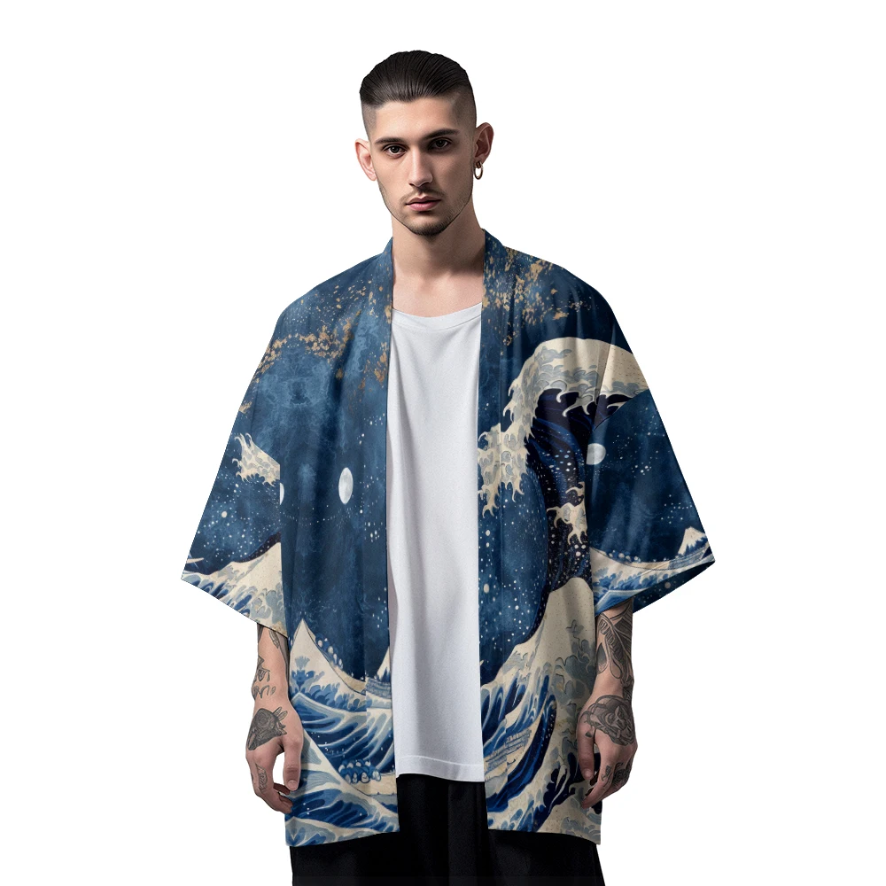 Classic Versatile Models of Fashion Design Sense of The Sea Waves Woven Robes Men's Fashion Design Casual Kimono Men's Tops