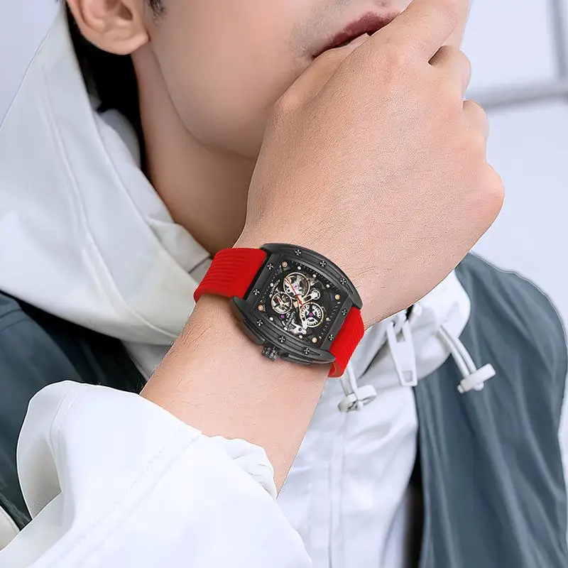 Mark Fairwhale Automatic Watch For Men Fashion Tourbillon Skeleton Watches Sports Silicone Strap Mechanical Wristwatch Boy Reloj