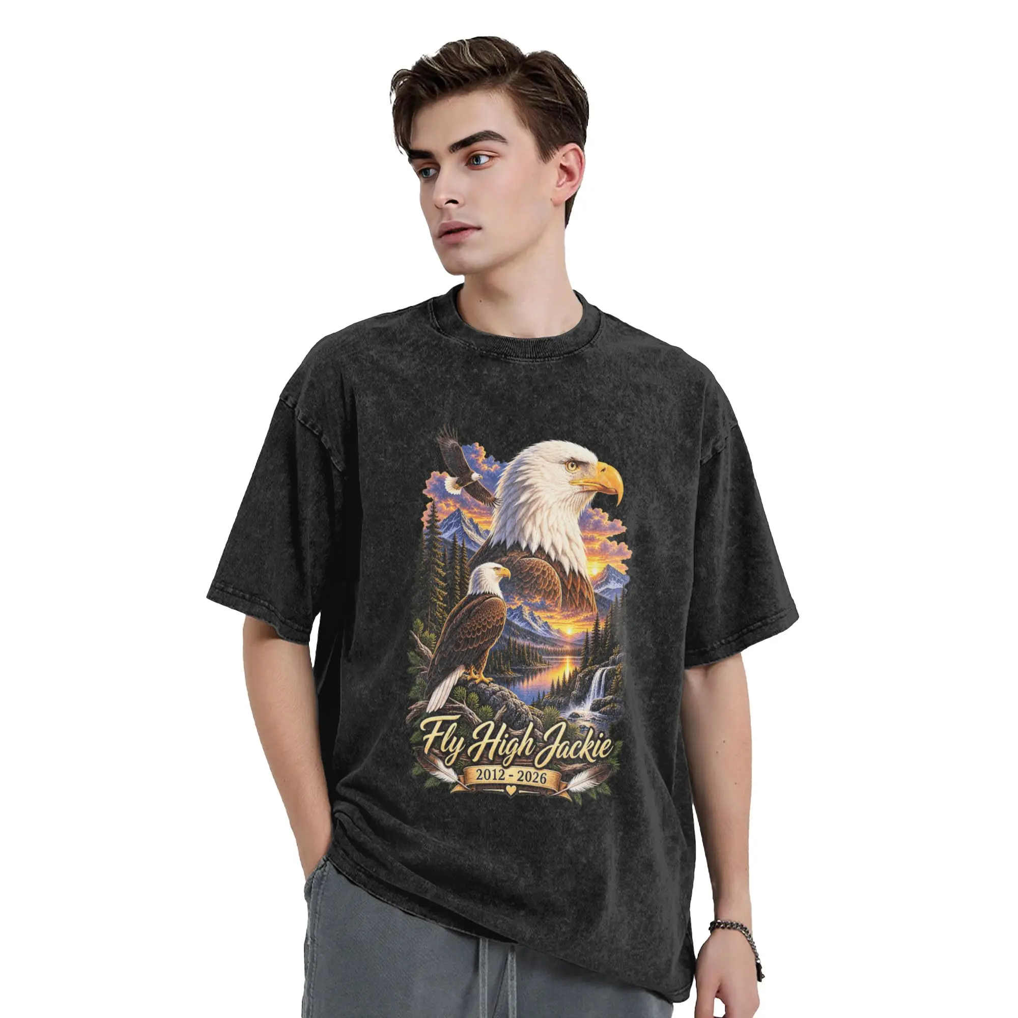 Men T-Shirt Fly High Jackie, Jackie and Shadow Bald Eagle Washed T Shirts Fashion  Summer Tees  Retro Simple Cotton Clothes Gift