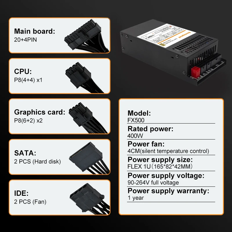 400W Full Modular Flex 1U PSU PC Power Supply 90-264V For ITX server Mini Case Gaming Desktop