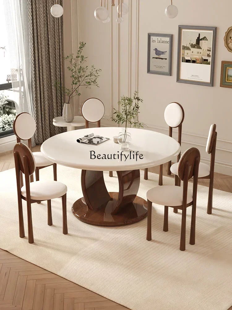 

01-French cream style dining table modern simple light luxury round turntable dining table