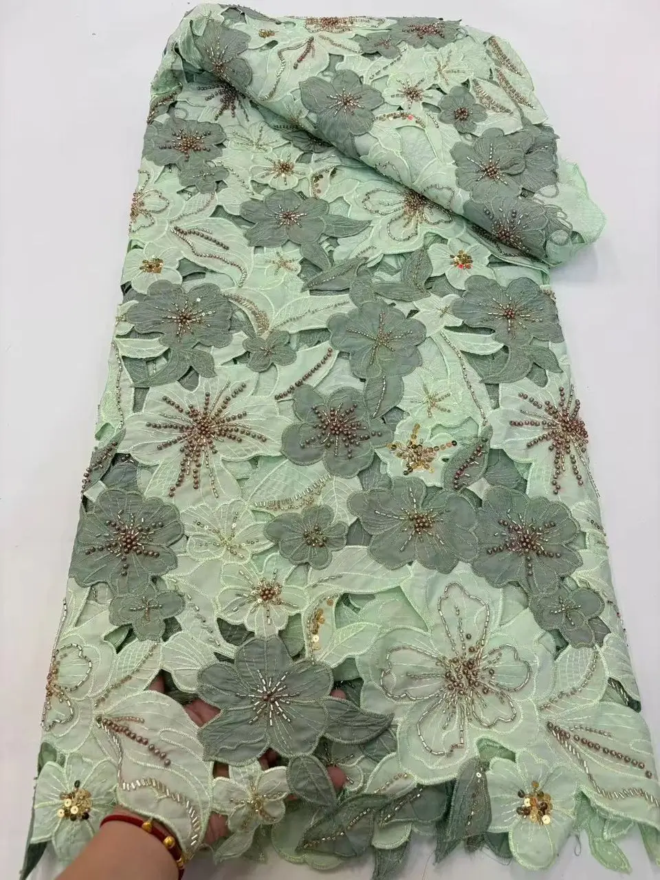 

5 Yards Handcut Swiss Voile Organza Lace Fabric with African Embroidery Beads High Quality for DIY Sewing Party Dress Material