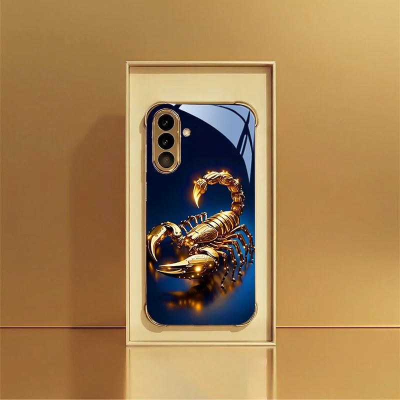 Golden Scorpion Flowing Light Pattern Glass Phone Case Suitable for Samsung Galaxy S26 S25 S24 S22 S21 S20 FE/Ultra/Plus