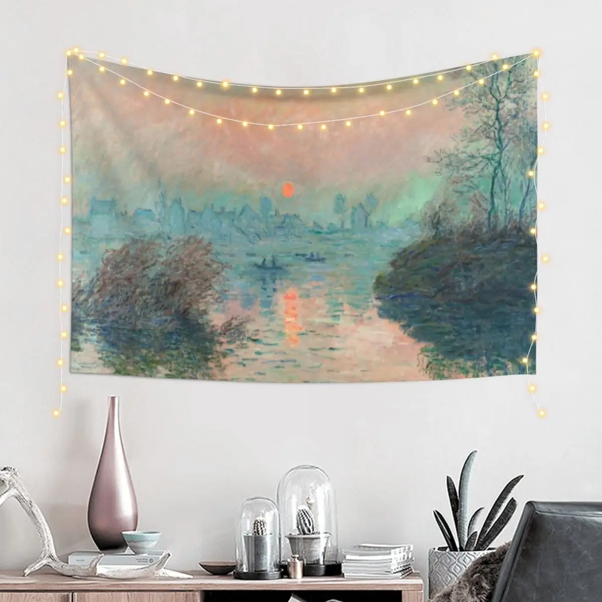 Sun Setting on the Seine by Claude Monet Tapestry Aesthetic Home Decor Living Room Decoration Tapestry