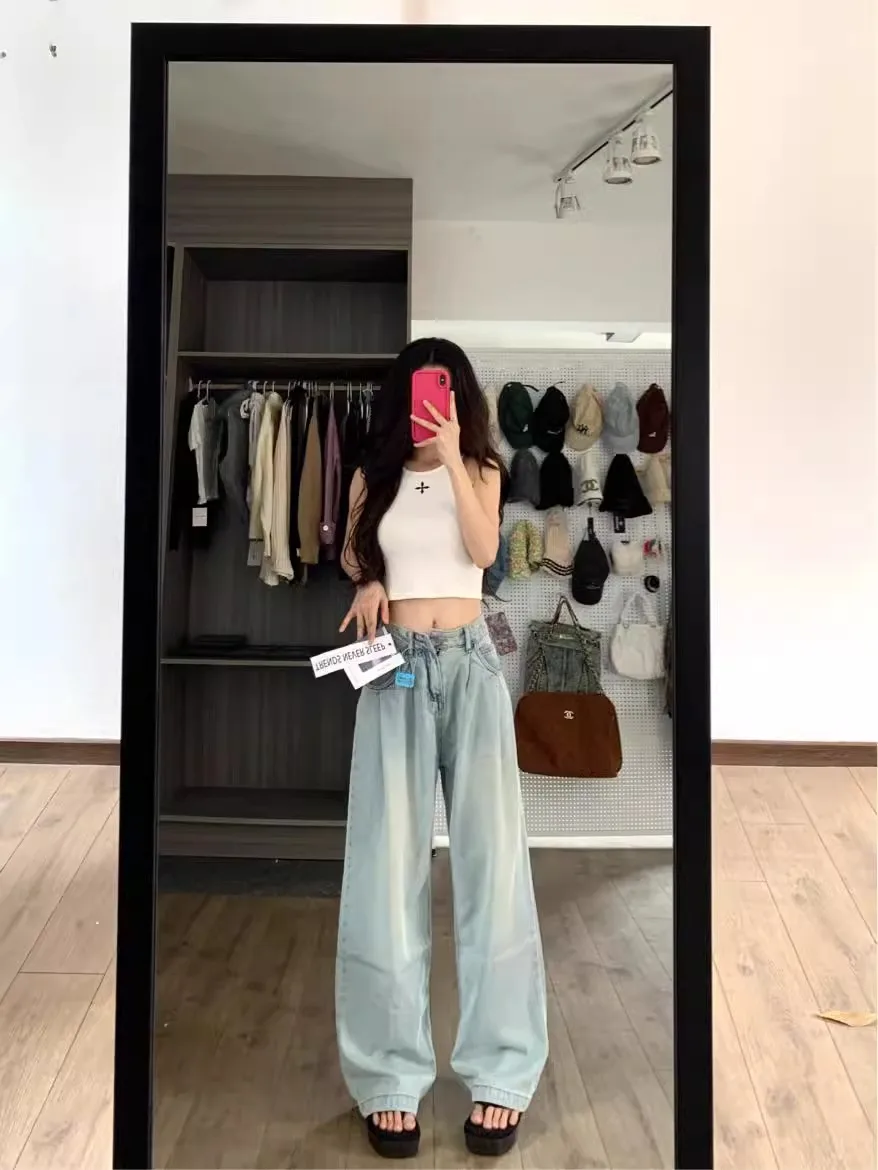 

Широкие джинсы с высокой талией, женские летние 2024, утягивающие прямые джинсовые брюки свободного кроя, зауженная версия, дизайн Sensation