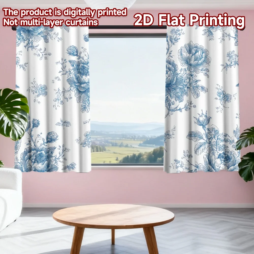 

2D flat printing 2pcs Window Treatment Curtains Blue Floral Digital Printed Polyester Drapes Seasonal Party & Holiday Decor