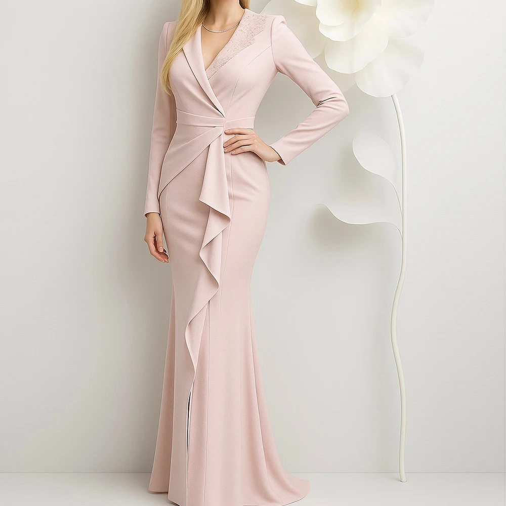 

Customized Mermaid Evening Dresses Floor-length V-neck Full Sleeve Prom Gown Fashion Sequined Simple Draped Casual Party Gown
