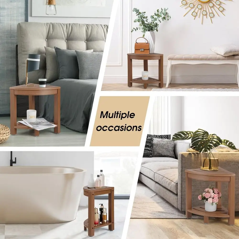 Banc de douche d'angle avec étagère de rangement, siège en plastique couleur teck pour le rasage et le bain dans des petits espaces de salle de bain