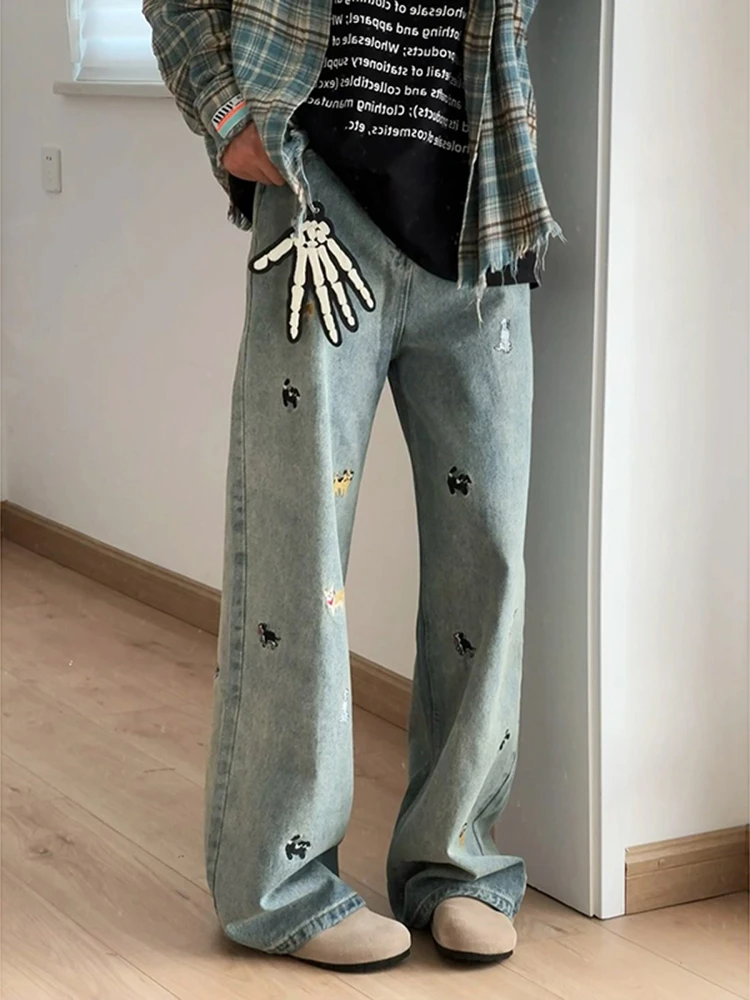 

Модные американские джинсы с вышивкой, прямые брюки для мужчин, широкие брюки с высокой талией, весенняя коллекция, повседневная одежда Bell Bot