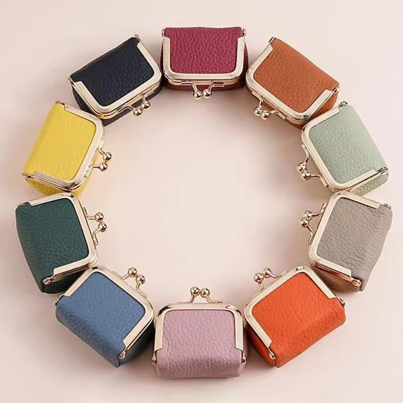 Genuine Leather Kiss Lock Coin Purse Solid Color Square Mini Wallet Multifunctional Jewelry Bag Small Item Storage Bag