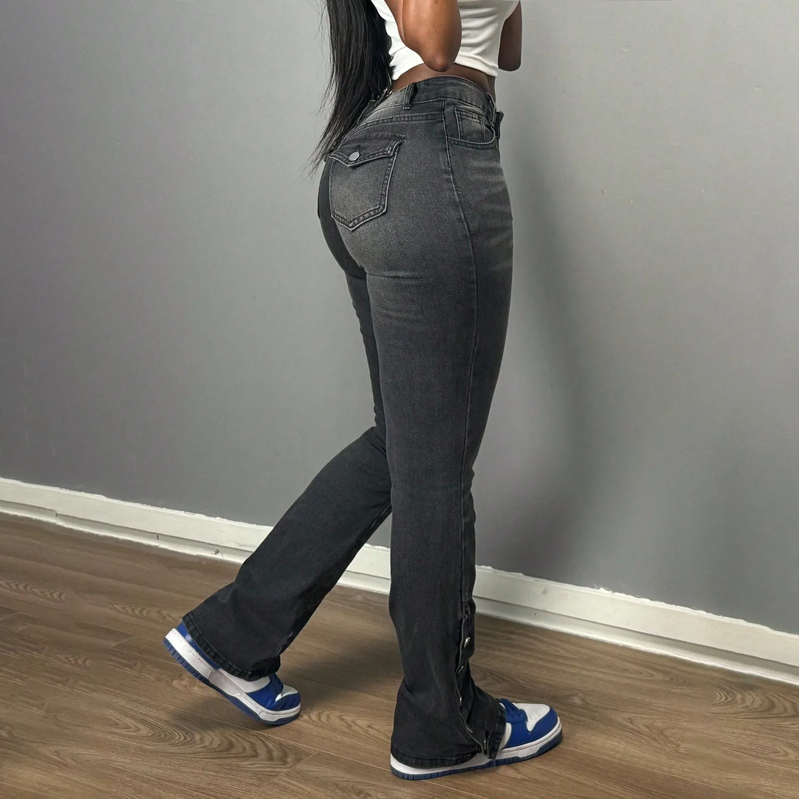 Damskie elastyczne jeansy, czarne, vintage, obcisłe spodnie dżinsowe typu flare, wiosenno-jesienne, wyszczuplające jeansy, wygodne proste spodnie.